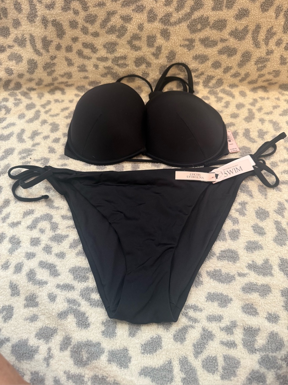 NWT Victoria’s Secret Black Bikini Set 34DD XL Push Up Cheeky Tie Side